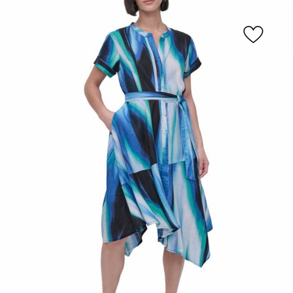 DKNY Pure Women’s Linen Midi Dress‎ Short Sleeve Size 10 NWT blue watercolor